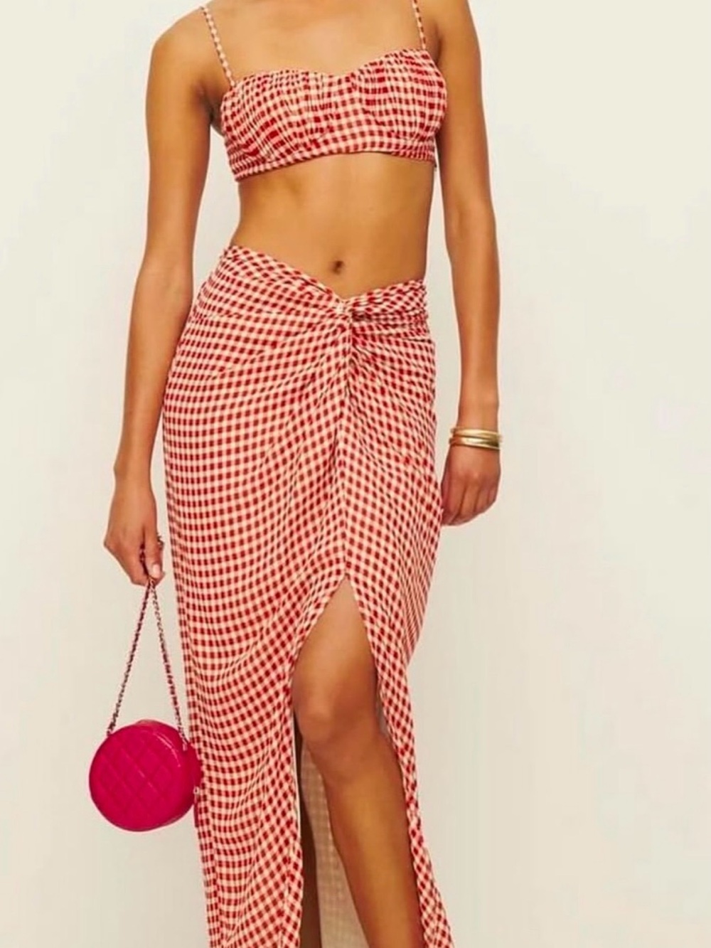 Reformation Red Gingham Ruched Maxi Skirt Set